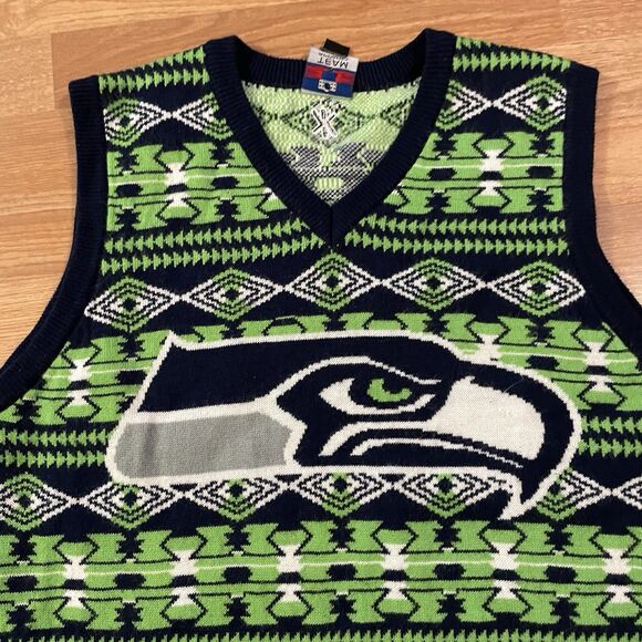 NFL Seattle Seahawks Ugly Sweater Vest Men’s Large Knit Holiday Large Logo - Picture 6 of 10